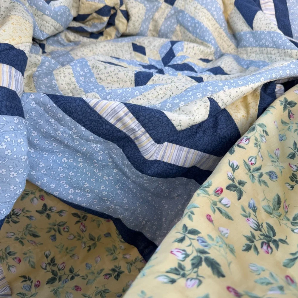 Handmade Star Patchwork Quilt Blue Yellow Floral Granny cottage blanket 84x84